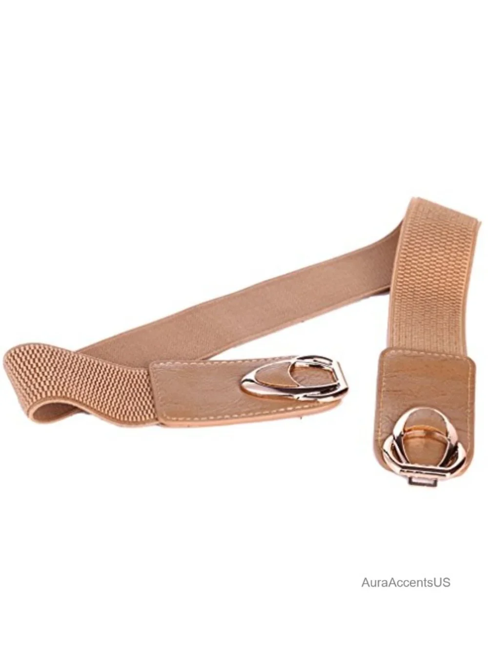 Elastic Stretch Cinch Belt - Faux Leather Buckle, Gold Accent